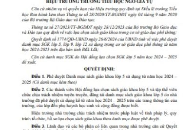 Quyết định, danh mục sách giáo khoa lớp 5 sử dụng trong trường TH Ngô Gia Tự từ năm học 2024 – 2025